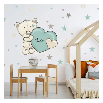 Autocollant pour chambre de garçon - Ours en peluche avec un prénom et un coeur