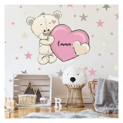 Autocollant pour chambre de fille - Ours en peluche avec un prénom et un coeur