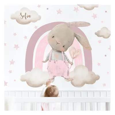 Sticker amovible au dessus du lit pour petite fille - Lapin avec un arc-en-ciel rose