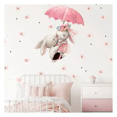 Sticker mural pour enfants - Lapins volant sur un parapluie