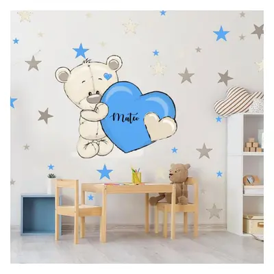 Sticker chambre garçon bleu - Ours en peluche avec un prénom et un coeur