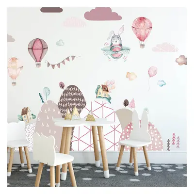 Stickers muraux - Collines et ballons en rose