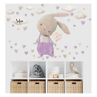 Autocollant pour fille - Lapin violet avec coeurs et prénom