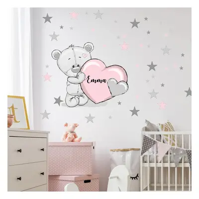 Sticker mural enfant - Ours en peluche coeur poudré et prénom