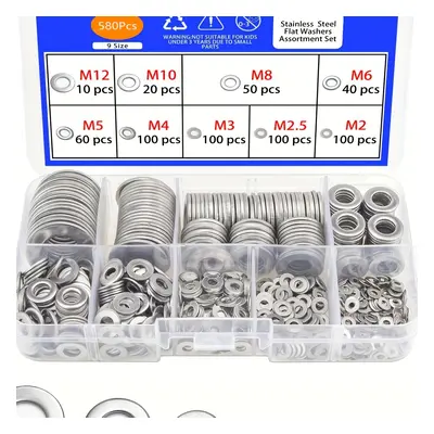 580 pièces Assortiment de rondelles plates en acier inoxydable : Comprend tailles (M2-M12) pour 