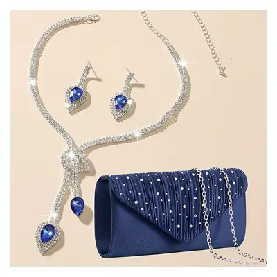 TEMU Ensemble de Soirée Élégant pour Femme: Pochette de Soirée Bleue de Strass avec Chaîne, Bouc