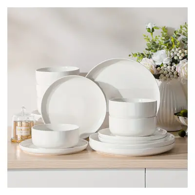 TEMU Service de table en porcelaine ivoire pièces avec assiette plate, assiette à dessert et bol