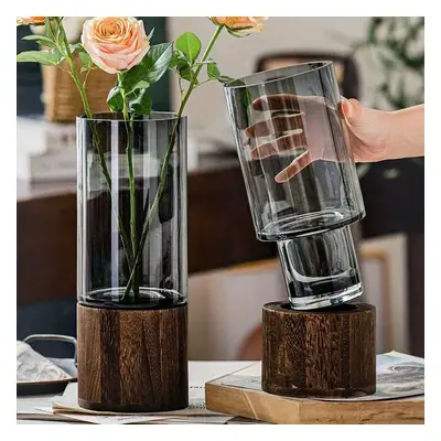 TEMU Vase en Verre d'Inspiration Nordique Chic avec Base en Bois - pour la Décoration de Salon &