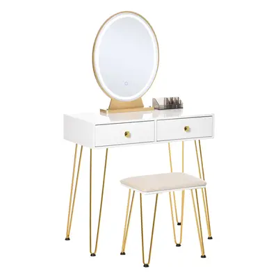 HOMCOM Coiffeuse Table de maquillage moderne - Miroir LED réglable intégré - Tabouret Inclus - p