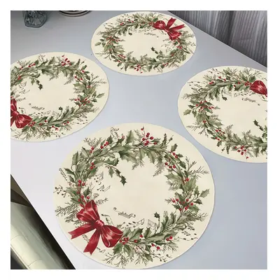 4 sets de table ronds de Noël avec couronne vintage, notes de musique et motif de nœud rouge - T