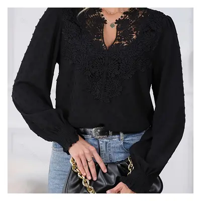 TEMU fr: Dentelle Manches Lanterne Blouse, Élégant Couleur Unie Suisse Point Blouse Pour Printem