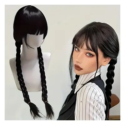 TEMU Perruque de cosplay noire tressée longue avec frange pour filles et femmes pour une utilisa