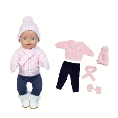 Ensemble rose en pour poupées de pouces : Pull , pantalon, chapeau, écharpe et mitaines