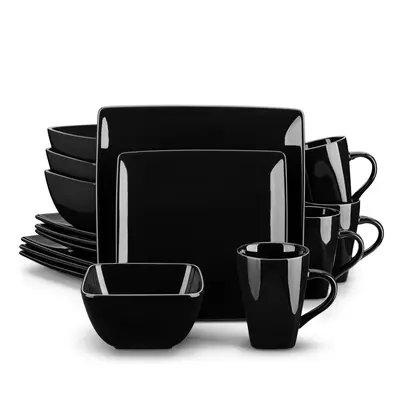 16 Pièces Service de table en grès noir Assiettes Bols Tasses Service à vaisselle pour personnes