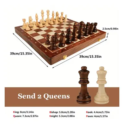 38.1 cm X 38.1 cm / 15" X 15" Jeu d'échecs pliable en bois de grande qualité, pièces d'échecs en