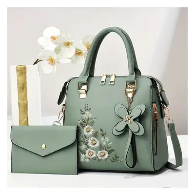 TEMU Ensemble de Sac à Main pour Femme Élégant Brodé de Fleurs - Tote Chic Vert avec Pochette As