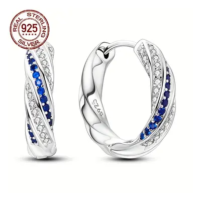 TEMU Boucles d'oreilles créoles en argent sterling 925, 3.9 g, motif torsadé bleu et blanc avec 