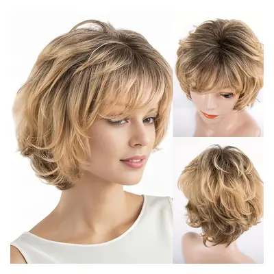 TEMU Perruque femme de pouces, mélange blond doré, bangs courtes bouclées, mèches jaune-, fibre 