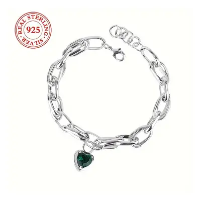 TEMU Bracelet Élégant en Argent Sterling avec Verte en de Cœur - Style Vintage, pour Tenue Décon