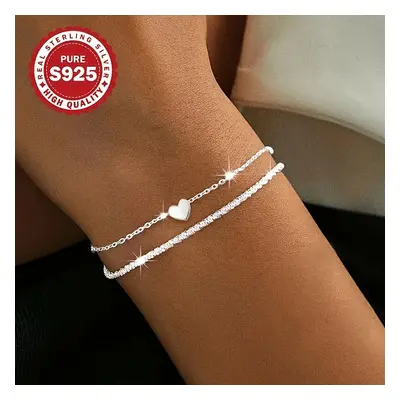 TEMU Bracelet Élégant à Double Couche en de Cœur en Argent Sterling S925, Style , Cadeau pour Pe