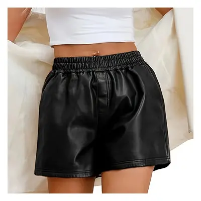 Shorts En Cuir PU Noir À Taille Élastique, Pantalon De Sport Taille Haute Avec Poches, Vêtements