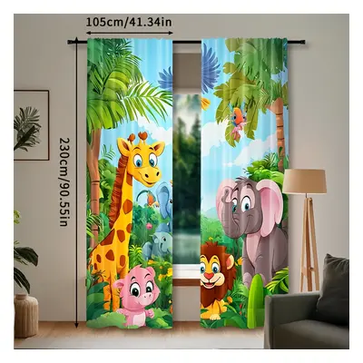 TEMU 2pcs, Rideaux de Parc Cartoon, Animaux dans , Traitements de Fenêtre, Draperies pour Chambr