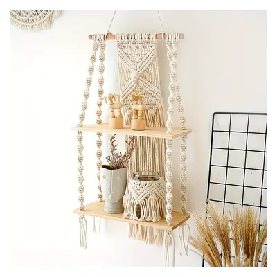 TEMU Étagère Murale en Macramé Bohème 1pc - Étagère à avec Planche de Bois, Pompons et Perles Dé