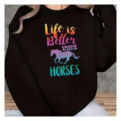 TEMU 1pc Sweat-shirt imprimé pour femmes " est meilleure avec les chevaux", style décontracté et