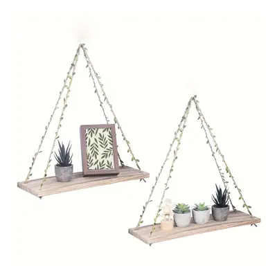 TEMU Étagères Murales Boho Chic 2pcs avec Corde Feuille - Supports Flottants en Bois Naturel pou