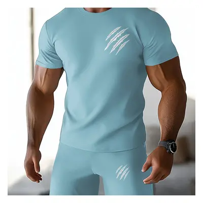 TEMU Ensemble T-shirt et short débardeur imprimé 3D pour hommes, tissu en polyester tricoté, cou