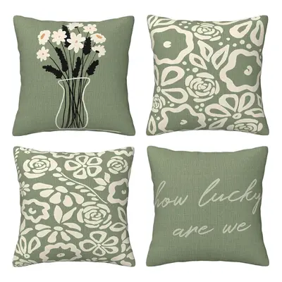 TEMU 4pcs 'Quelle Tu As' & Motif Floral Housse de Coussin en Mélange de Lin - Vert & Beige, Zipp