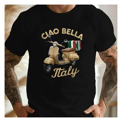 TEMU T-Shirt Décontracté pour Homme avec Col Rond et Imprimé " Bella Italy" de Scooter, Tissu en