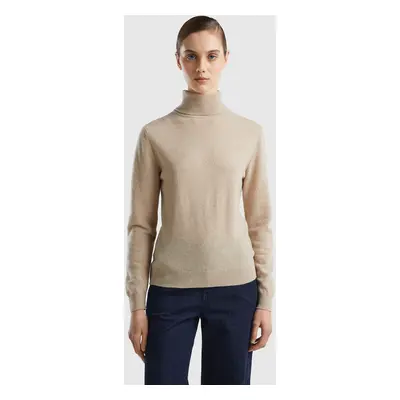 Benetton, Pull Chaud Beige À Col Roulé En Pure Laine Mérinos, size XS, Beige, Femme