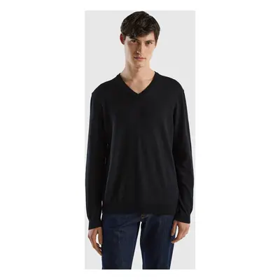 Benetton, Pull En Pur Coton À Col V, size XS, Noir, Homme