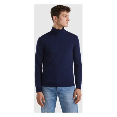 Benetton, Pull À Col Montant Bleu Nuit En Pure Laine Mérinos, size XS, Bleu Foncé, Homme