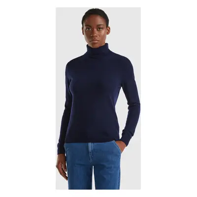 Benetton, Pull Chaud Bleu Foncé À Col Roulé En Pure Laine Mérinos, size XS, Bleu Foncé, Femme