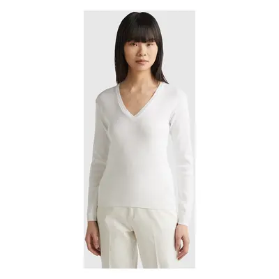 Benetton, Pull En Pur Coton À Col En V, size XS, Blanc, Femme