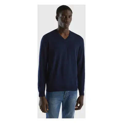 Benetton, Pull En Pur Coton À Col V, size XS, Bleu Foncé, Homme