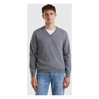 Benetton, Pull Gris Foncé À Col En V En Pure Laine Mérinos, size XS, Gris Foncé, Homme