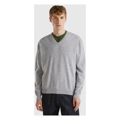 Benetton, Pull Col En V Gris Chiné En Pure Laine Mérinos, size XS, Gris Clair, Homme