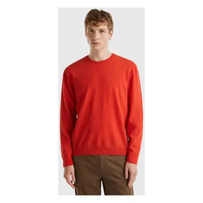 Benetton, Pull Col Rond Orange Effet Chiné En Pure Laine Mérinos, size XS, Orange, Homme