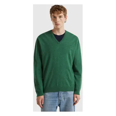 Benetton, Pull Col En V Vert Effet Chiné En Pure Laine Mérinos, size XS, Vert, Homme