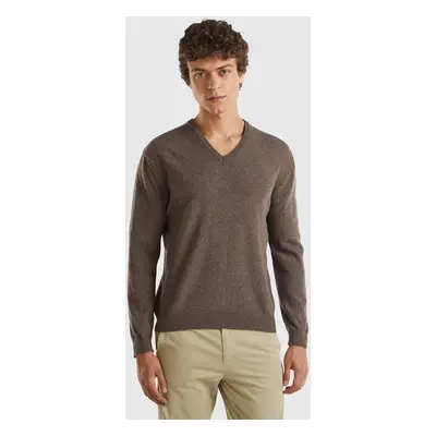 Benetton, Pull Col En V Marron En Pure Laine Mérinos, size XS, Marron Foncé, Homme