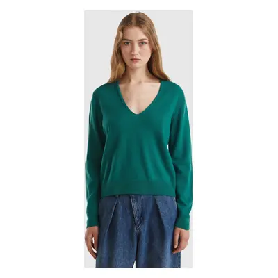 Benetton, Pull Col En V Vert Forêt En Pure Laine Mérinos, size XS, Vert Foncé, Femme