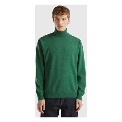 Benetton, Pull Col Montant Vert Effet Chiné En Pure Laine Mérinos, size XS, Vert, Homme