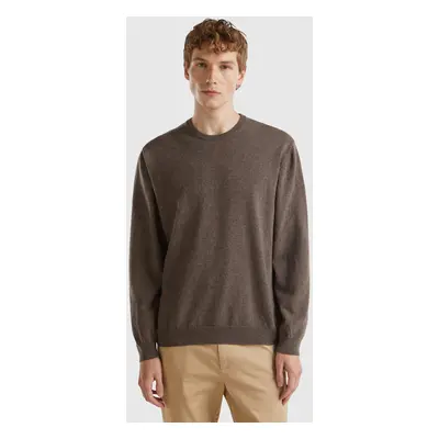 Benetton, Pull Marron Foncé Col Rond En Pure Laine Mérinos, size XS, Marron Foncé, Homme