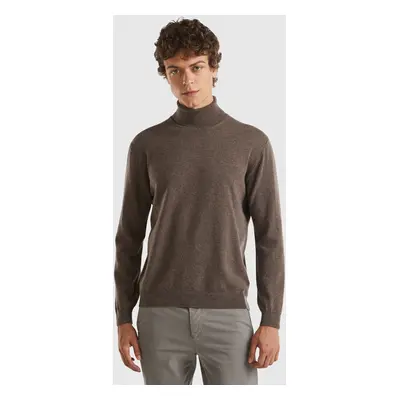 Benetton, Pull Marron Col Roulé En Pure Laine Mérinos, size XS, Marron Foncé, Homme