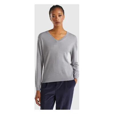 Benetton, Pull À Col En V En Pure Laine Mérinos, size XS, Gris Clair, Femme