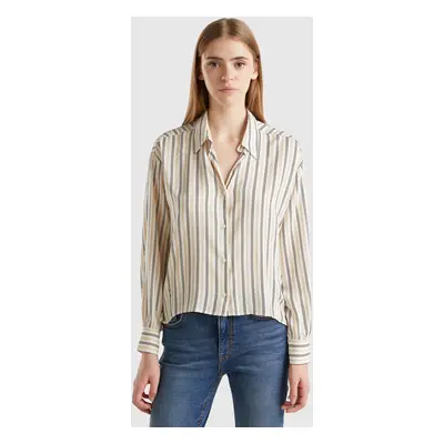 Benetton, Chemise Rayée À Col En V, size XXS, Crème, Femme