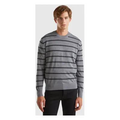 Benetton, Pull Rayé En Pure Laine Mérinos, size XS, Gris, Homme